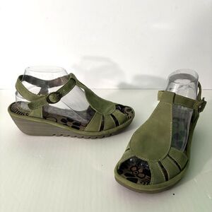 Fly London Yadi Green Leather Sandals Women's Size 9 US, 40 EU Peep Toe Wedge